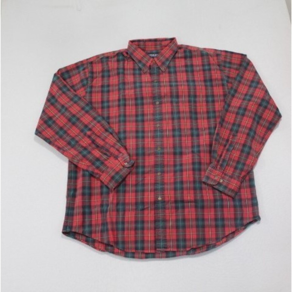 Lands' End Men Red Shirt Plaid Orange Long Sleeve Size XL